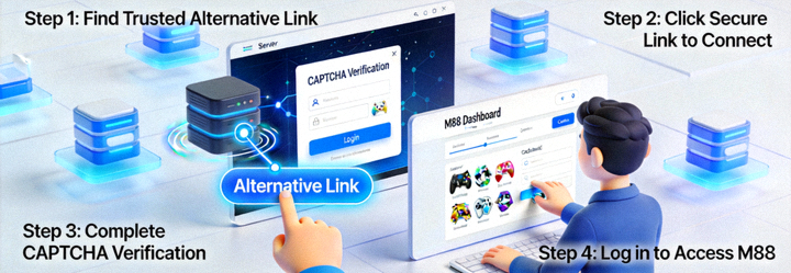 Animasi penjelasan tentang cara kerja link alternatif dan akses M88